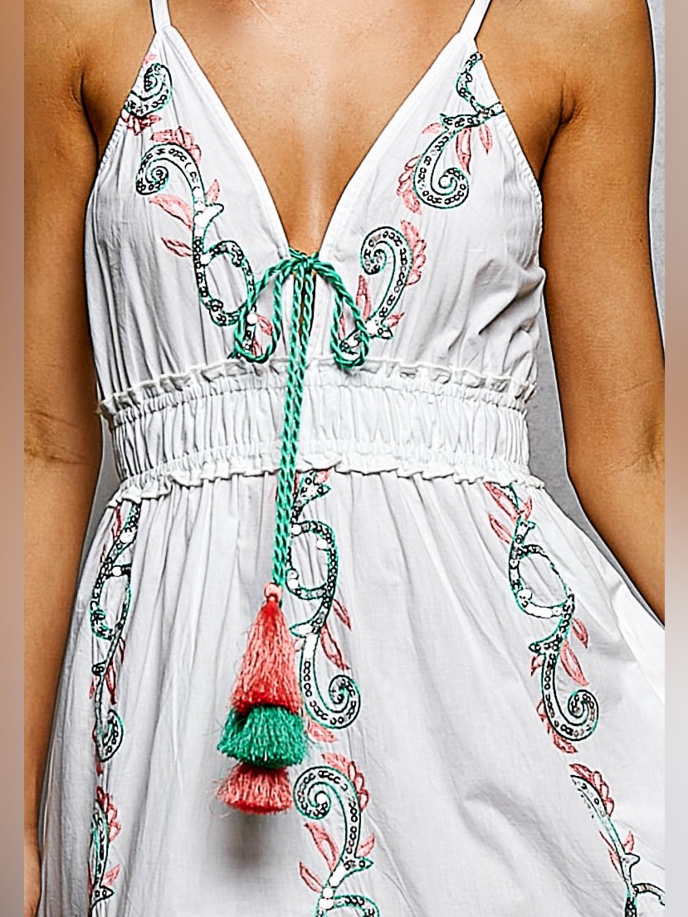 ♥️Hello Gorgeous! POL Embroidered Tassel Smocked Waist Midi Tiered Cami Dress - Picture 6 of 12